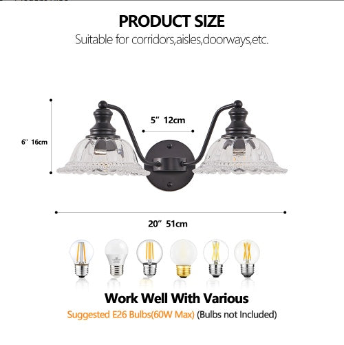 2-Light Bathroom Vanity Wall Light – Black & Glass