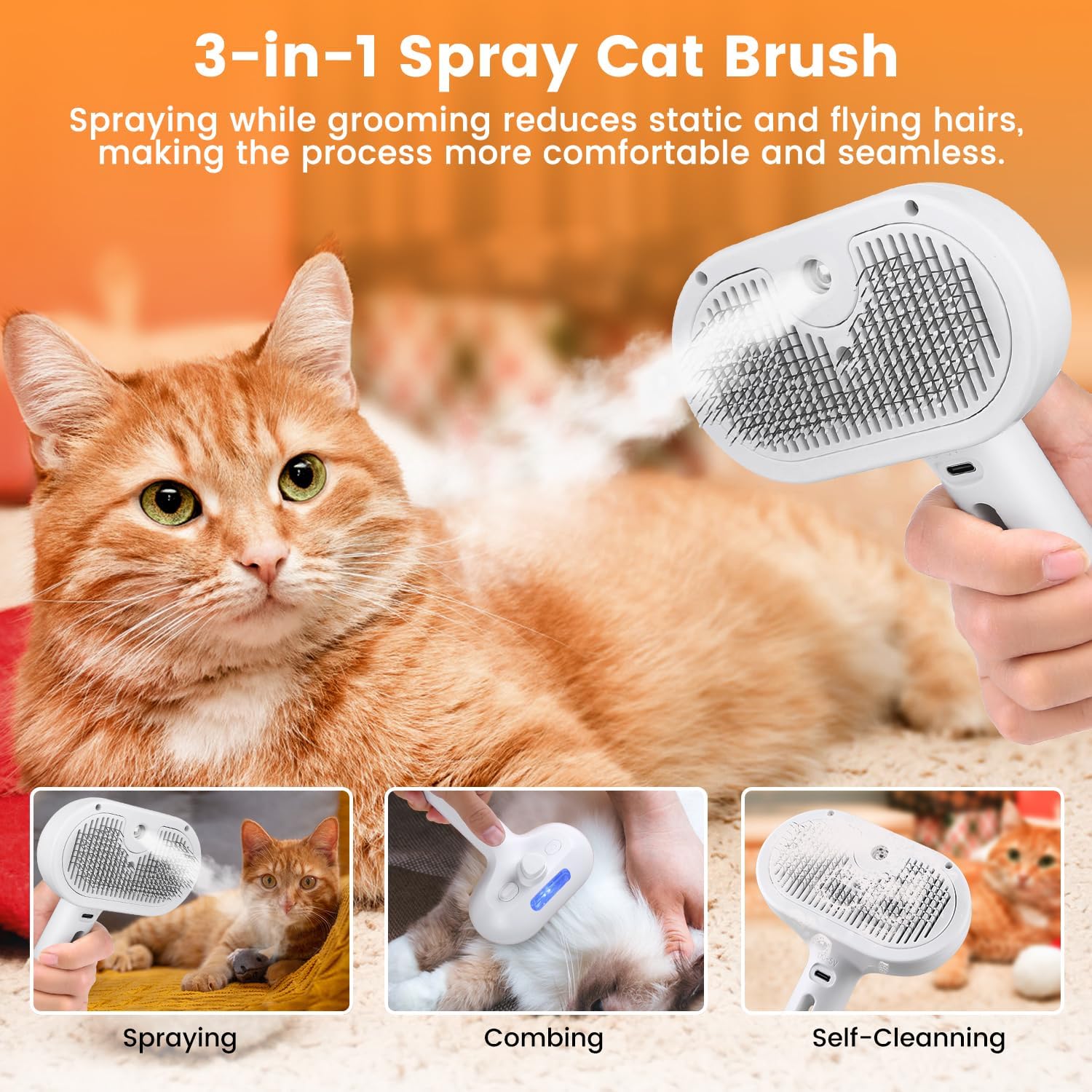 3-in-1 Self-Cleaning Pet Grooming Brush with Mist Spray